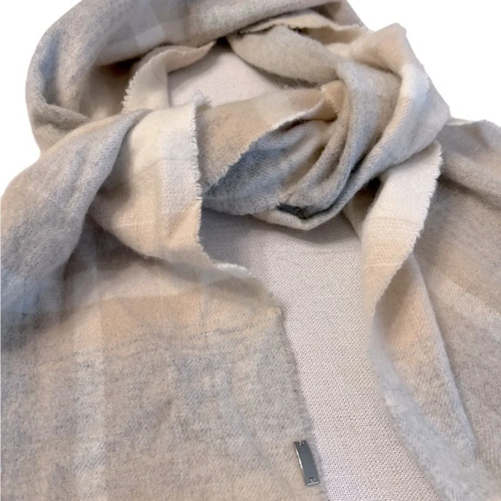FRAAS Cashmere Plaid Scarf, tan, gray & cream